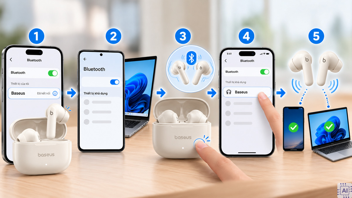 Cách kết nối tai nghe Baseus đa điểm
