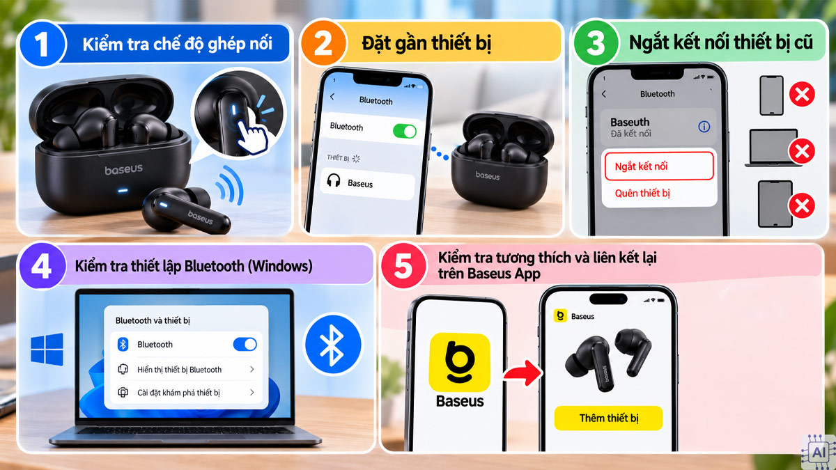 Cách kết nối tai nghe Baseus và khắc phục lỗi