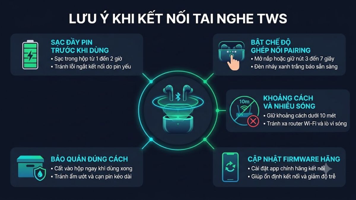 Lưu ý khi áp dụng cách kết nối tai nghe TWS