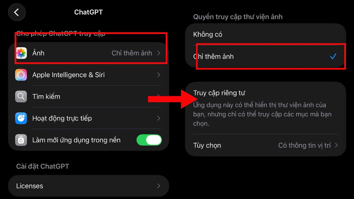 Cách tải ảnh từ ChatGPT về điện thoại - Cấp quyền truy cập bộ nhớ trên iOS bước 3, 4