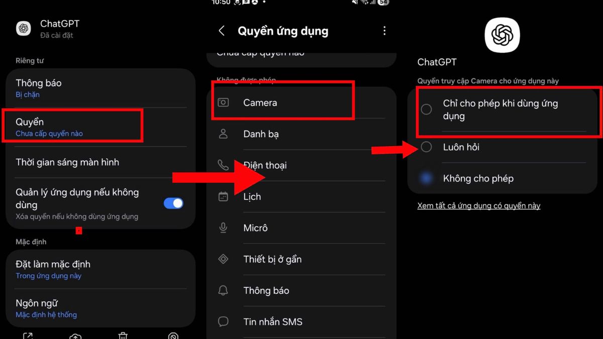 Cách tải ảnh từ ChatGPT về điện thoại - Cấp quyền truy cập bộ nhớ trên Android bước 2, 3
