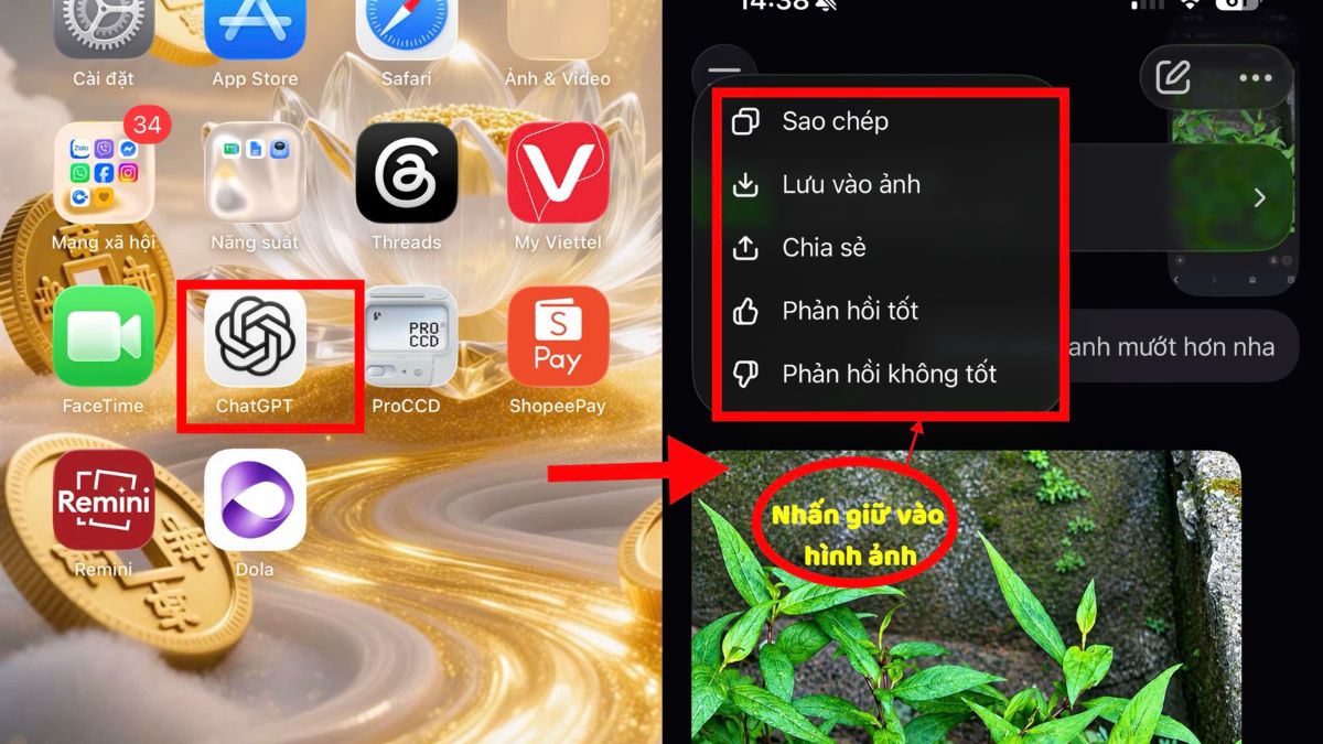 Cách tải ảnh từ ChatGPT về điện thoại - Copy và dán bước 1, 2