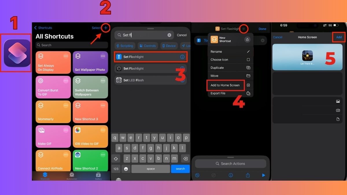 Cách cài đặt đèn pin iPhone qua phím tắt