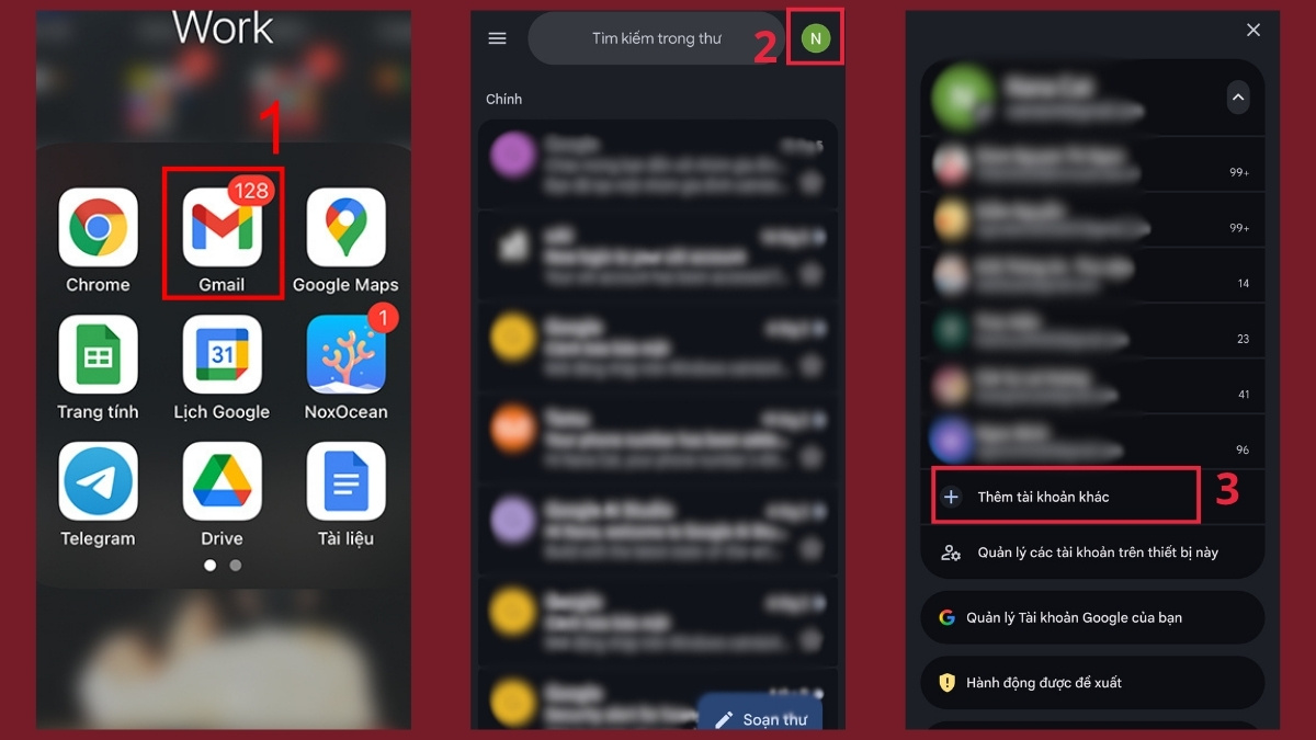 Cài đặt mail Viettel trên điện thoại - Đăng nhập qua Gmail bước 1, 2, 3