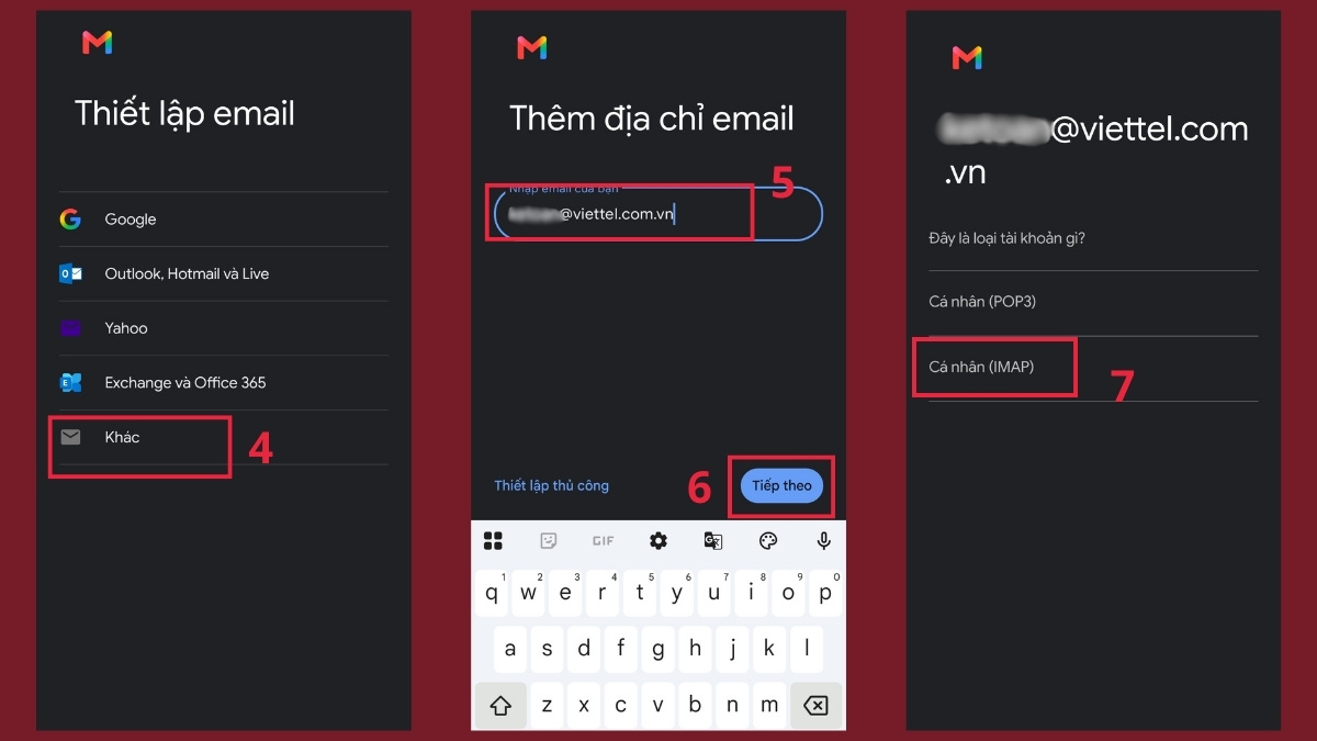 Cài đặt mail Viettel trên điện thoại - Đăng nhập qua Gmail bước 4, 5, 6, 7