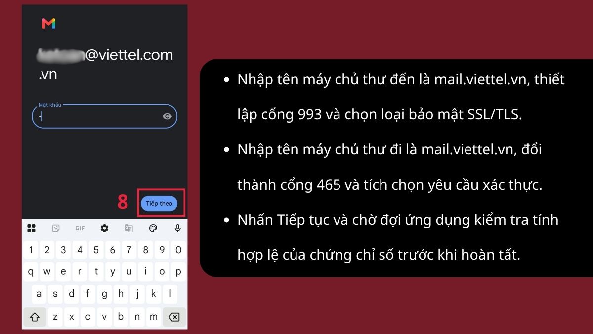 Cài đặt mail Viettel trên điện thoại - Đăng nhập qua Gmail bước 8, 9, 10