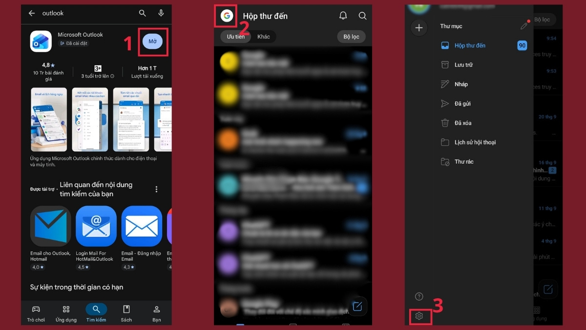 Cài đặt mail Viettel trên điện thoại - Đăng nhập qua Outlook bước 1, 2, 3