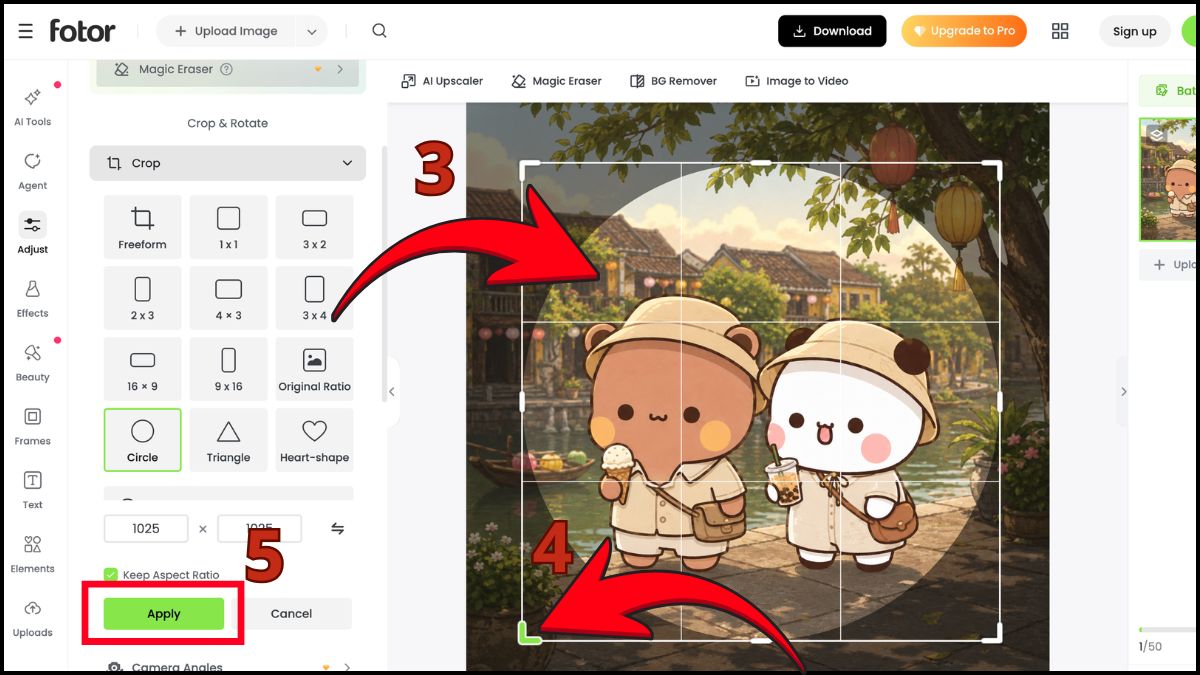 Cắt ảnh hình tròn online trên Fotor bước 3, 4, 5