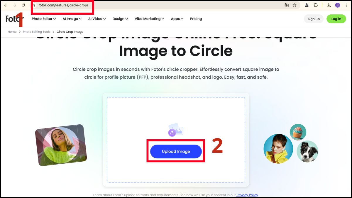 Cắt ảnh hình tròn online trên Fotor bước 1, 2
