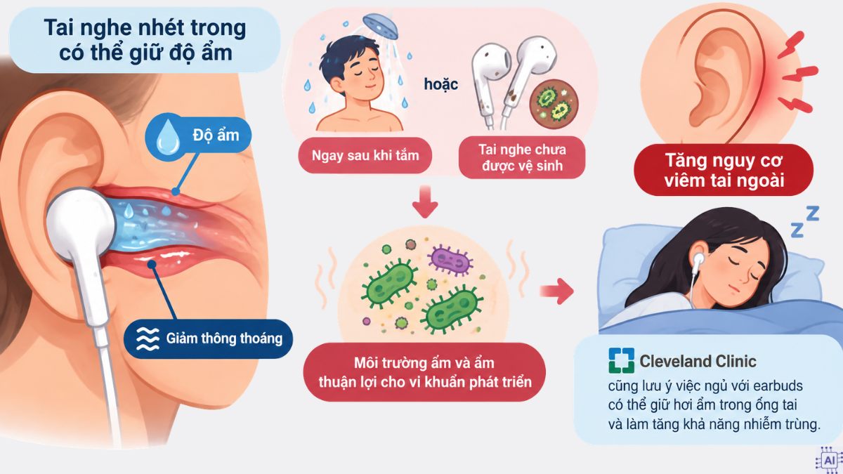 Đeo tai nghe khi ngủ có sao không? Gây viêm tai ngoài