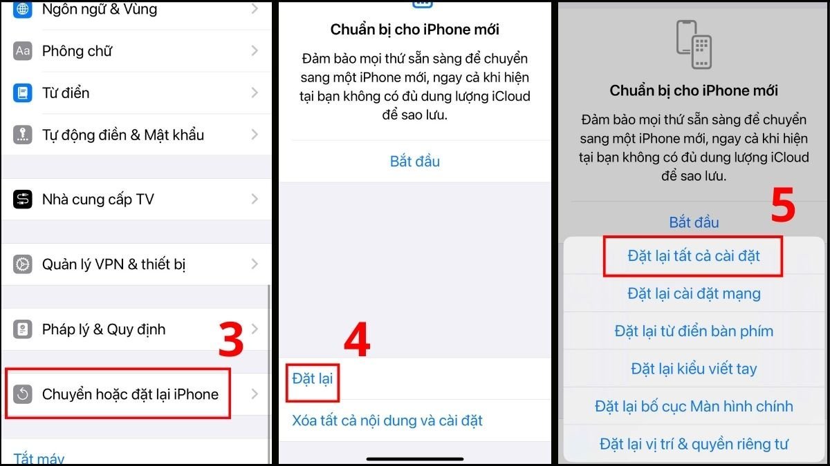Cách sửa iPhone 17 bị đơ màn hình - Khôi phục cài đặt gốc bước 3, 4, 5