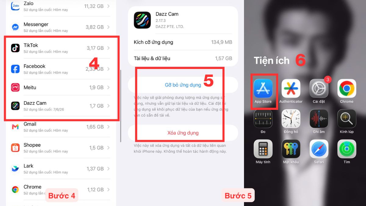 Cách sửa iPhone 17 bị đơ màn hình - Giải phóng bộ nhớ bước 4, 5