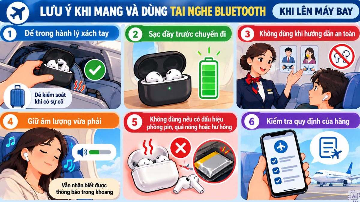 Lên máy bay có được đeo tai nghe Bluetooth không? Lưu ý