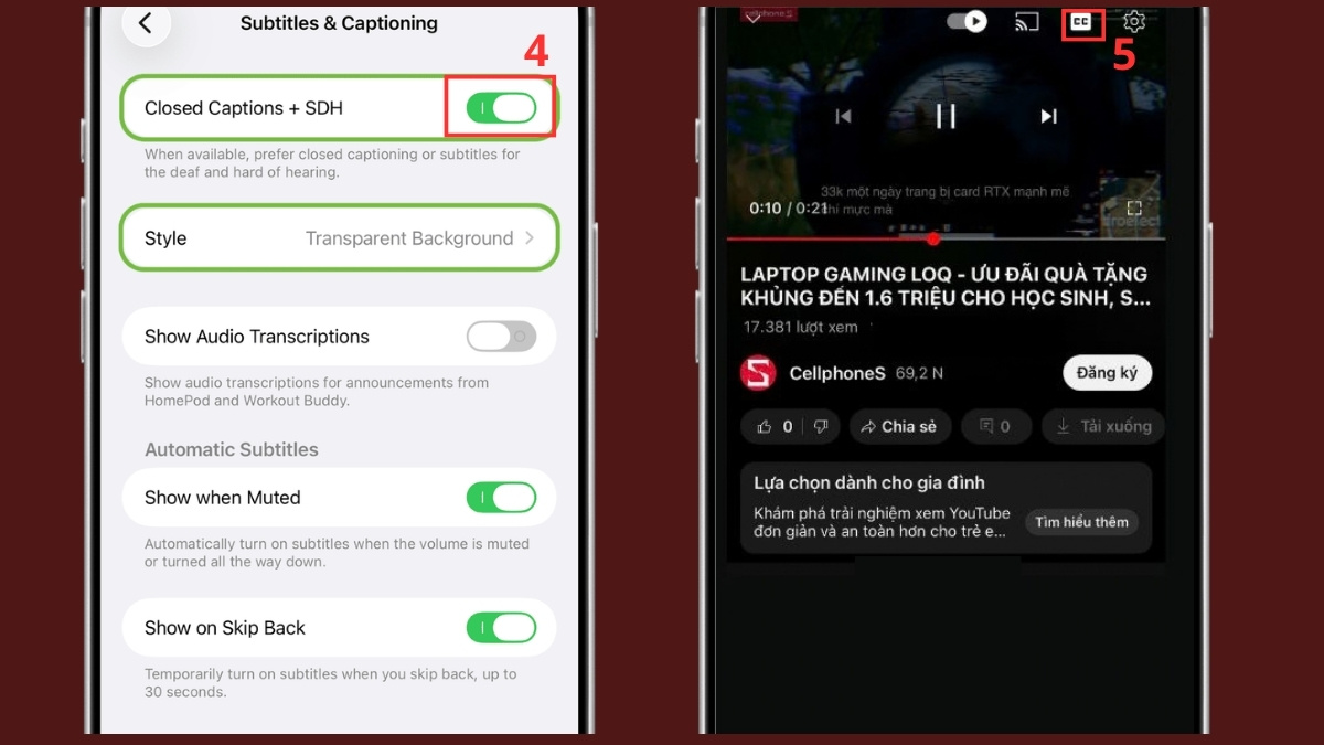 Sửa lỗi khi tải phụ đề Youtube trên iPhone - Bật phụ đề bước 3, 4