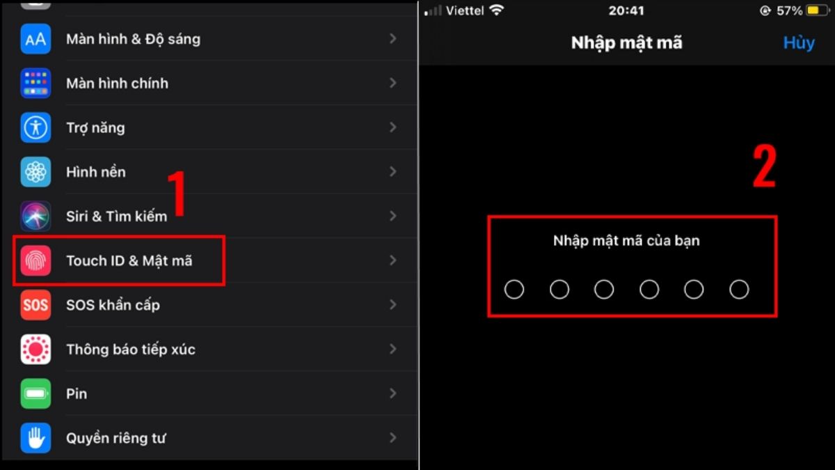 Khắc phục lỗi không thể kích hoạt Touch ID trên iPhone - Sử dụng mật mã số bước 1, 2