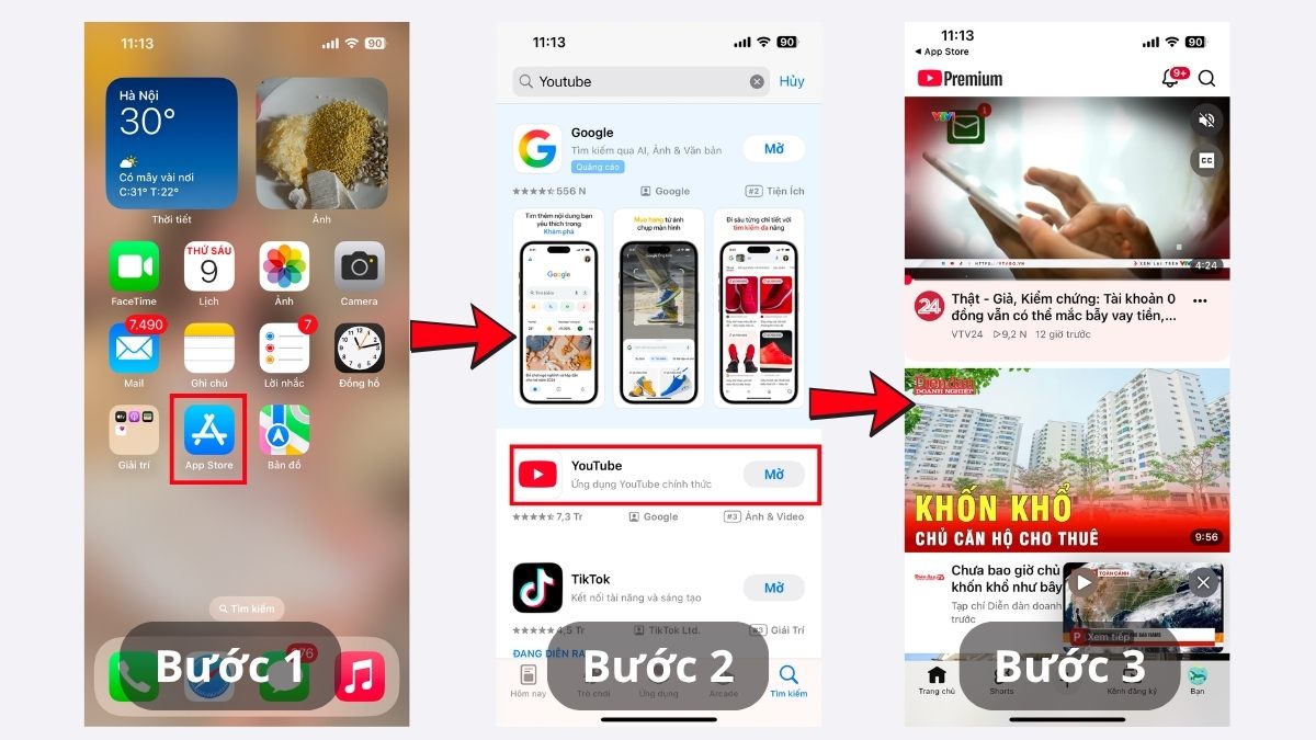 Khắc phục lỗi Youtube không phát được video - Cài lại ứng dụng bước 1, 2, 3