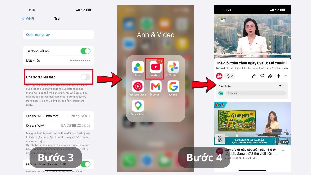 Khắc phục lỗi Youtube không phát được video - Tắt chế độ Tiết kiệm dữ liệu bước 3, 4