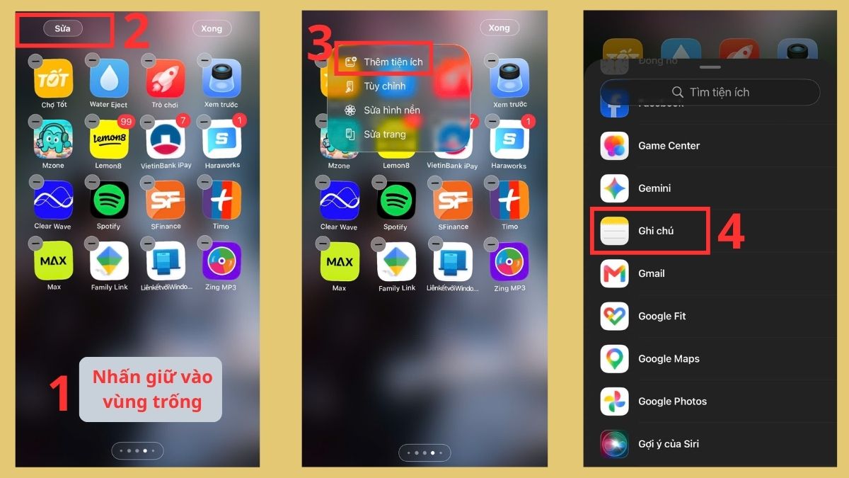 Tips sử dụng ứng dụng ghi chú trên iPhone - Đặt tiện ích bước 1, 2, 3, 4