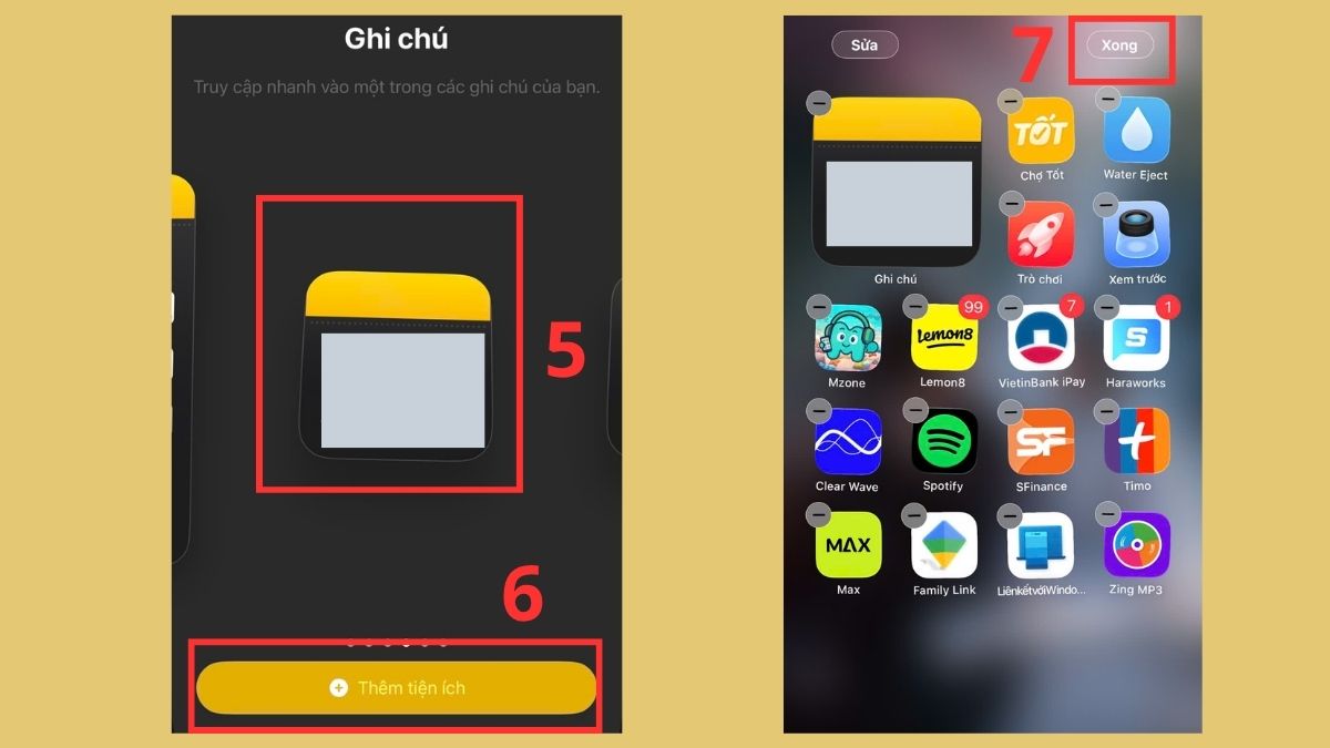 Tips sử dụng ứng dụng ghi chú trên iPhone - Đặt tiện ích bước 5, 6, 7