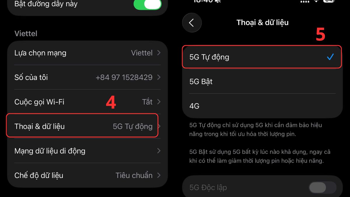 Bật 5G iPhone 17 bước 3, 4, 5