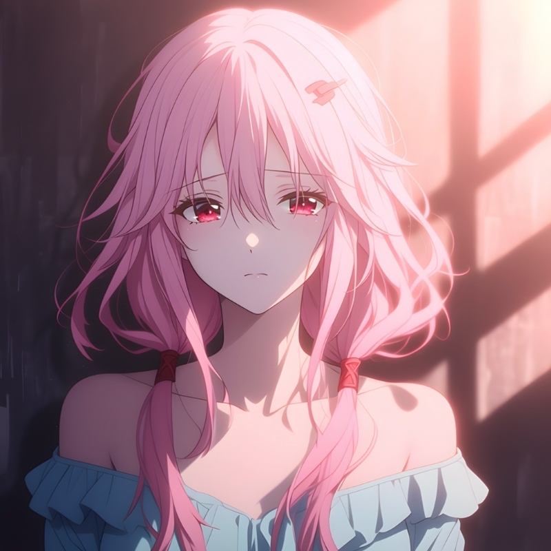 Avatar anime sáng cô gái mái tóc hồng với đôi mắt buồn