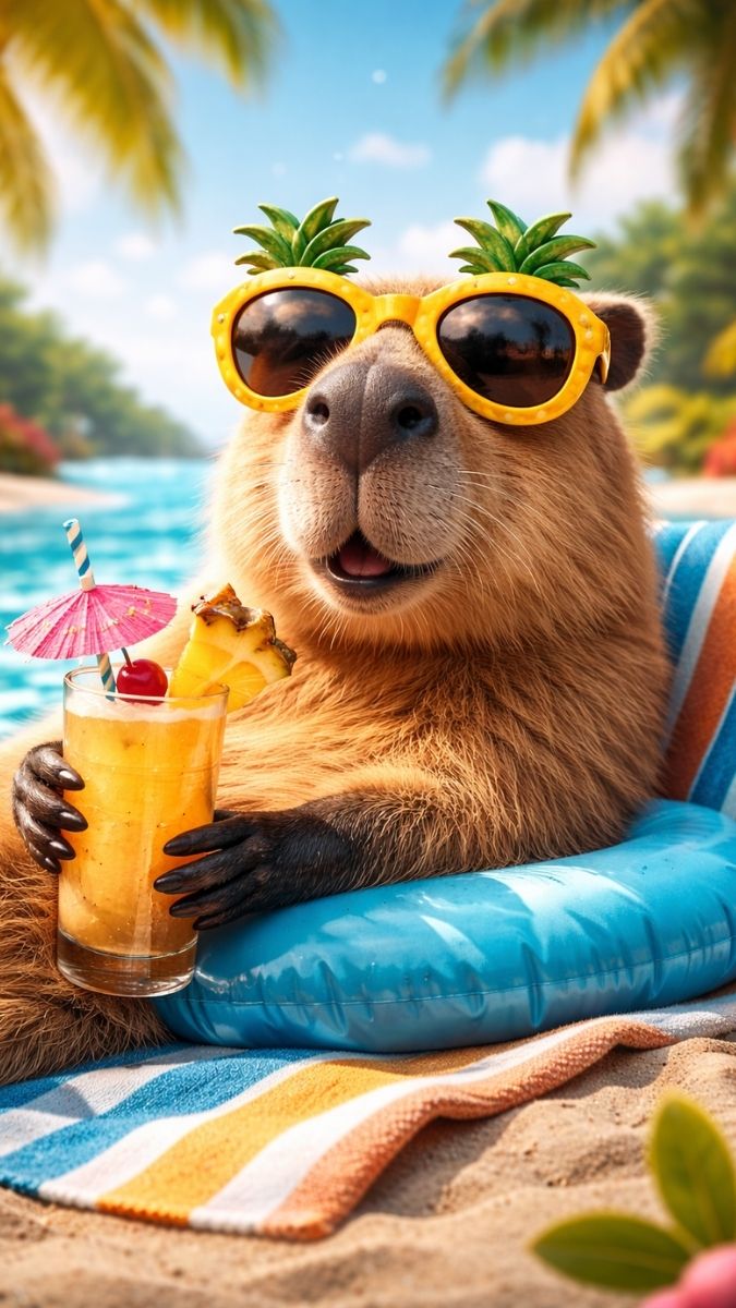 Hình nền Capybara 3D uống nước cam