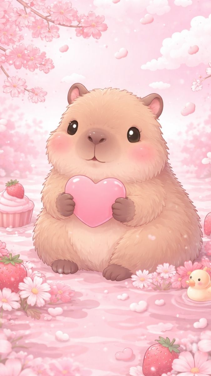 Hình nền Capybara màu hồng cùng hoa anh đào