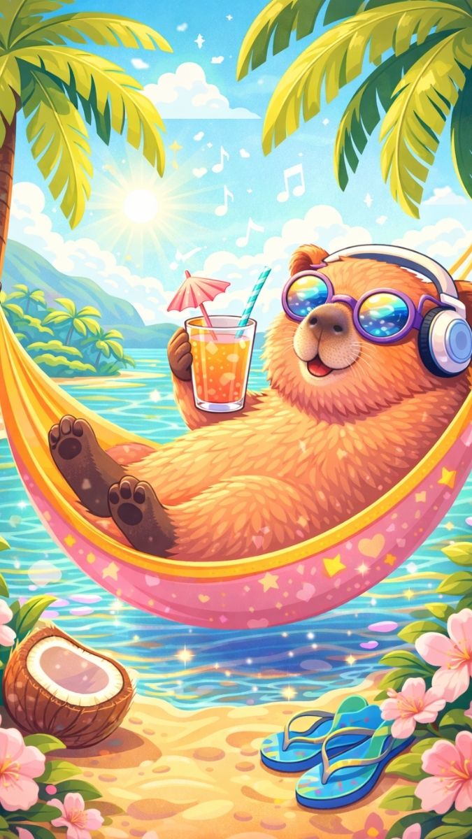 Hình nền điện thoại Capybara thư giãn ở bãi biển