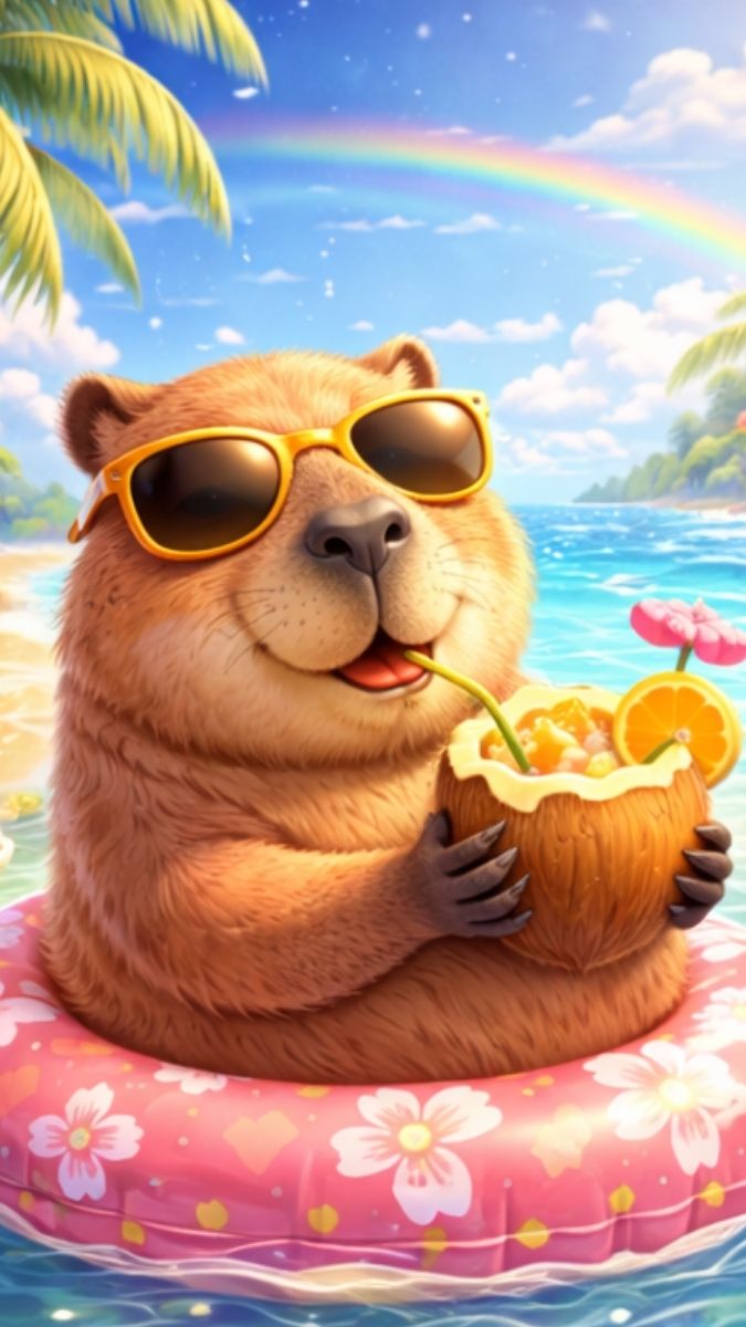 Hình nền Capybara 3D uống nước dừa