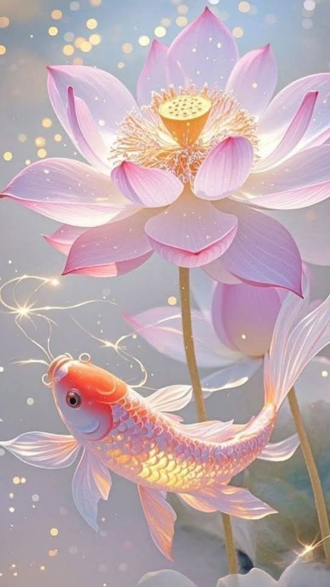 Hình nền cá chép hoa sen màu hồng