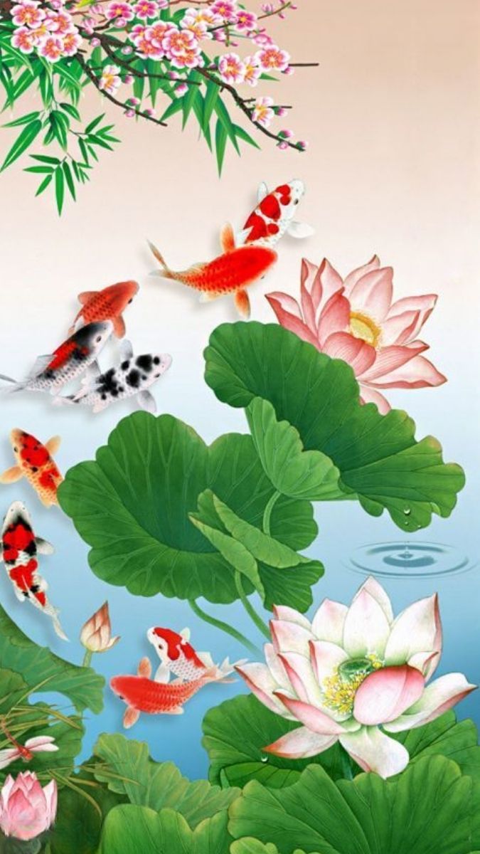 Hình nền cá chép hoa sen dạng tranh