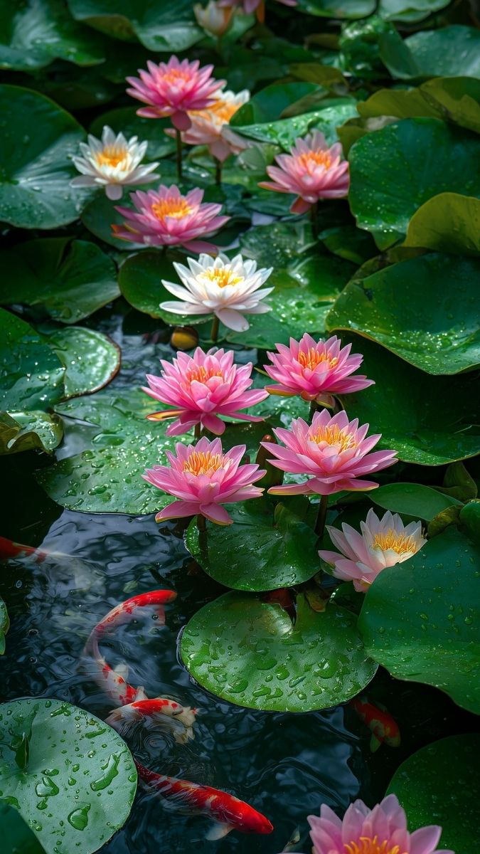 Hình nền cá chép hoa sen 4K chân thực