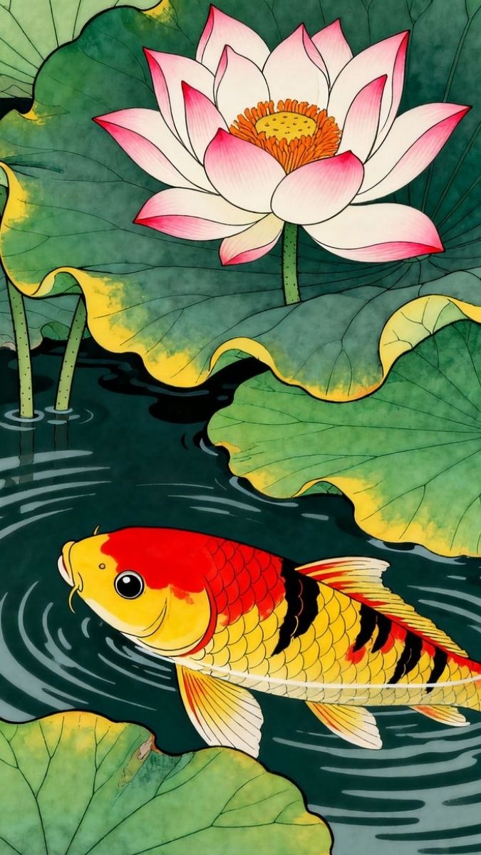 Hình nền cá chép hoa sen phong cách hoạt hình