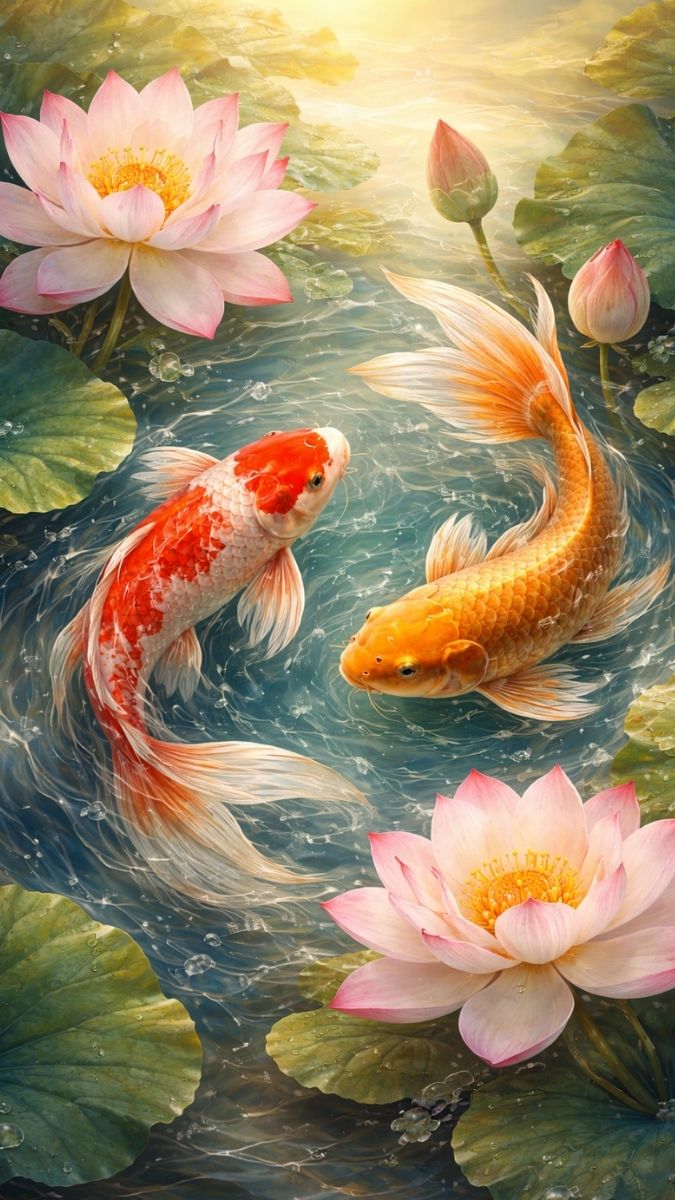 Hình nền cá chép hoa sen nghệ thuật