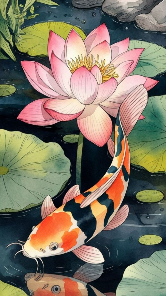 Hình nền cá chép hoa sen đẹp và mộc mạc