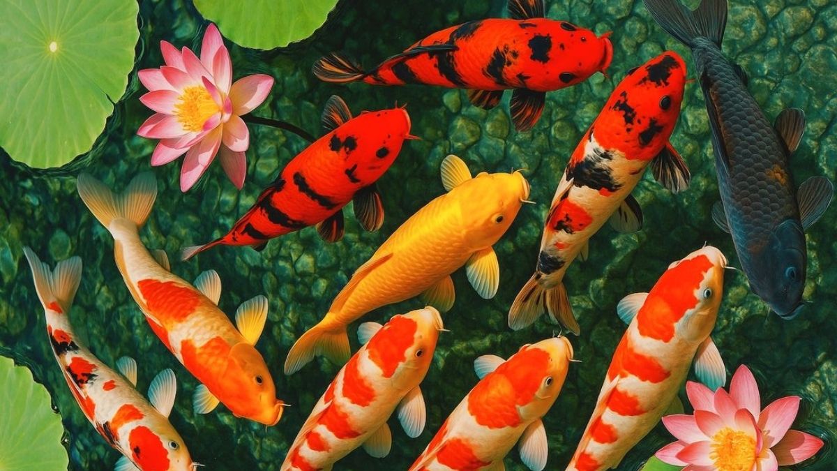Hình nền cá chép hoa sen - Đàn cá chép may mắn