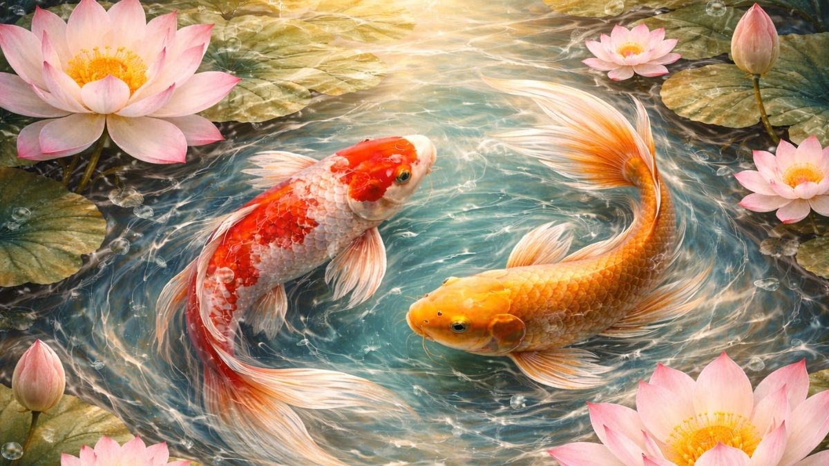 Hình nền cá chép hoa sen - Đôi cá chép