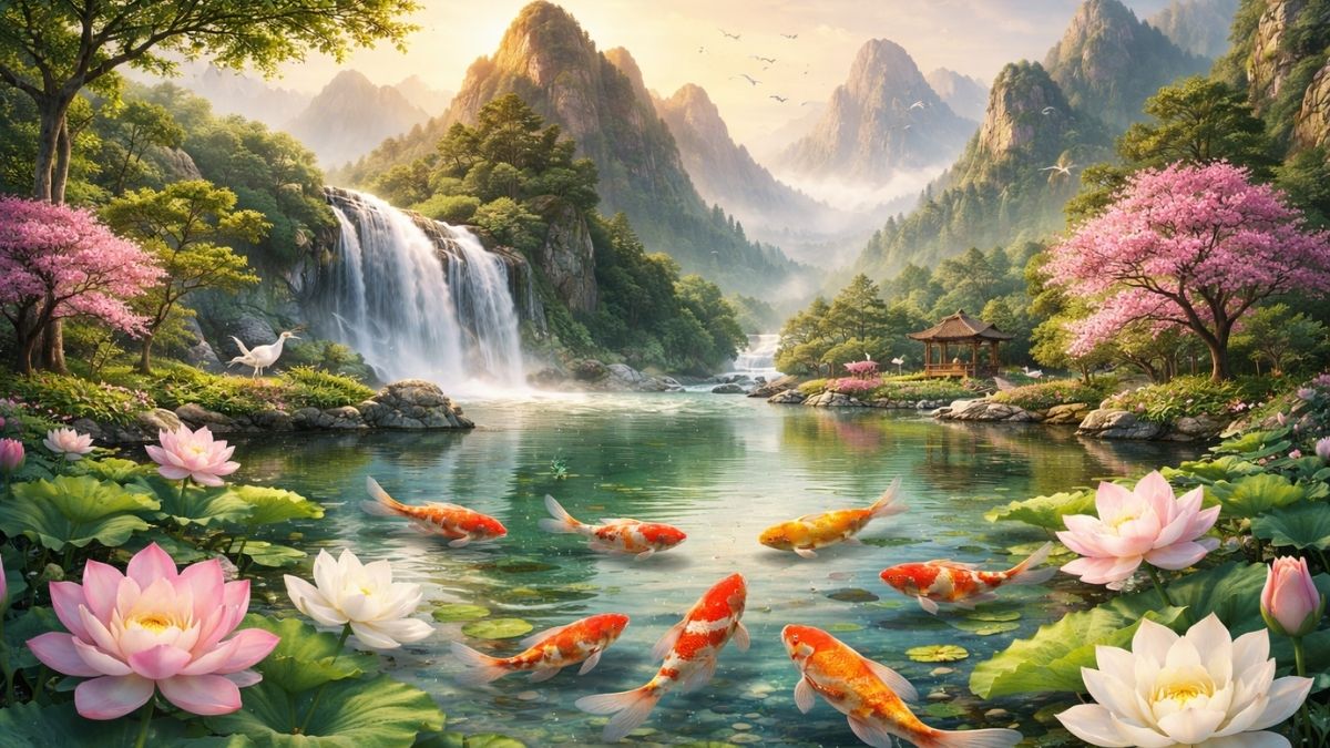 Hình nền cá chép hoa sen cho máy tính 4K