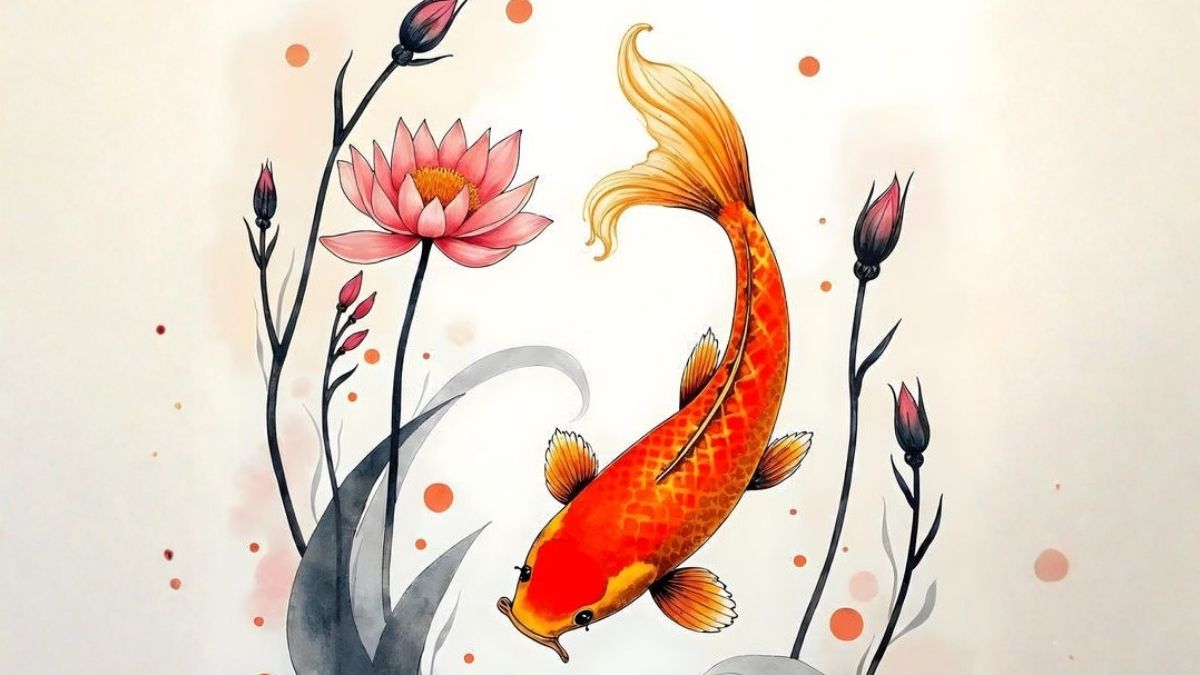 Hình nền cá chép hoa sen tranh vẽ