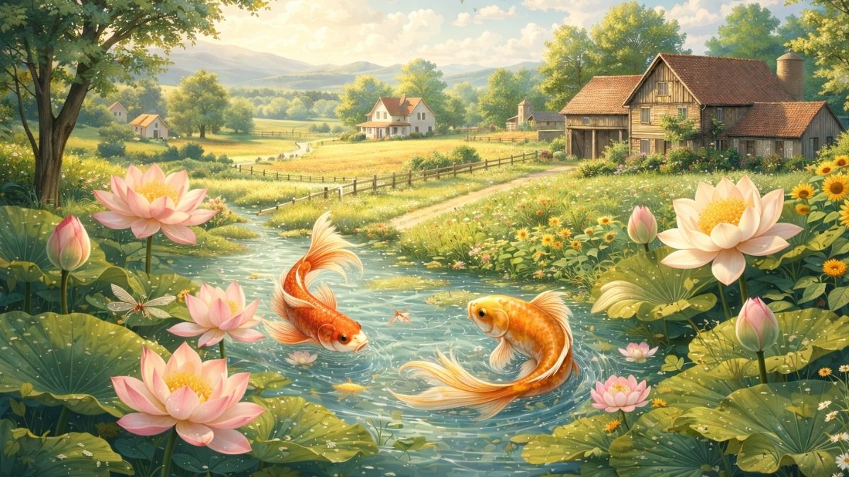 Hình nền cá chép hoa sen may mắn cho máy tính