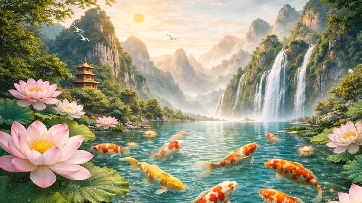 Hình nền cá chép hoa sen 4K phong cảnh hùng vĩ