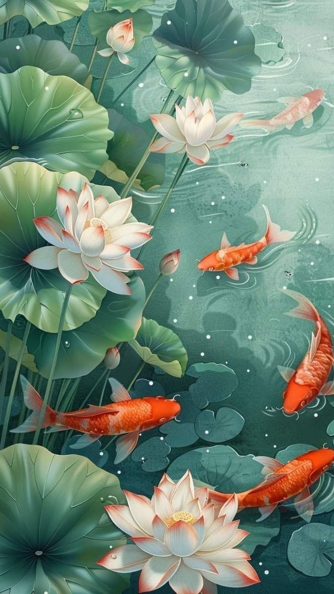 Hình nền cá chép hoa sen kiểu tranh vẽ