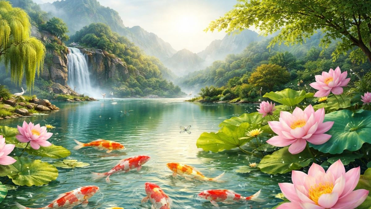 Hình nền cá chép hoa sen đẹp cho laptop