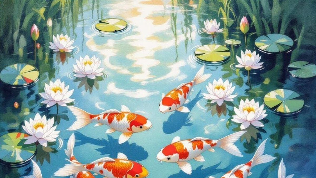 Hình nền cá chép hoa sen phong cách hoạt hình
