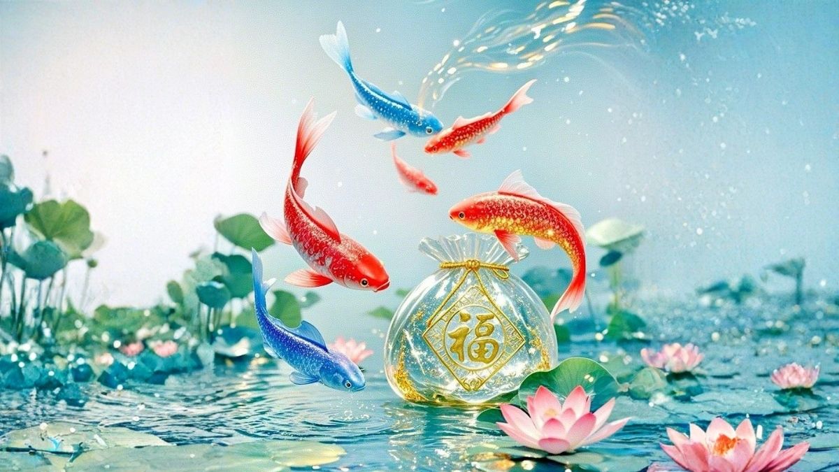 Hình nền cá chép hoa sen cầu may mắn