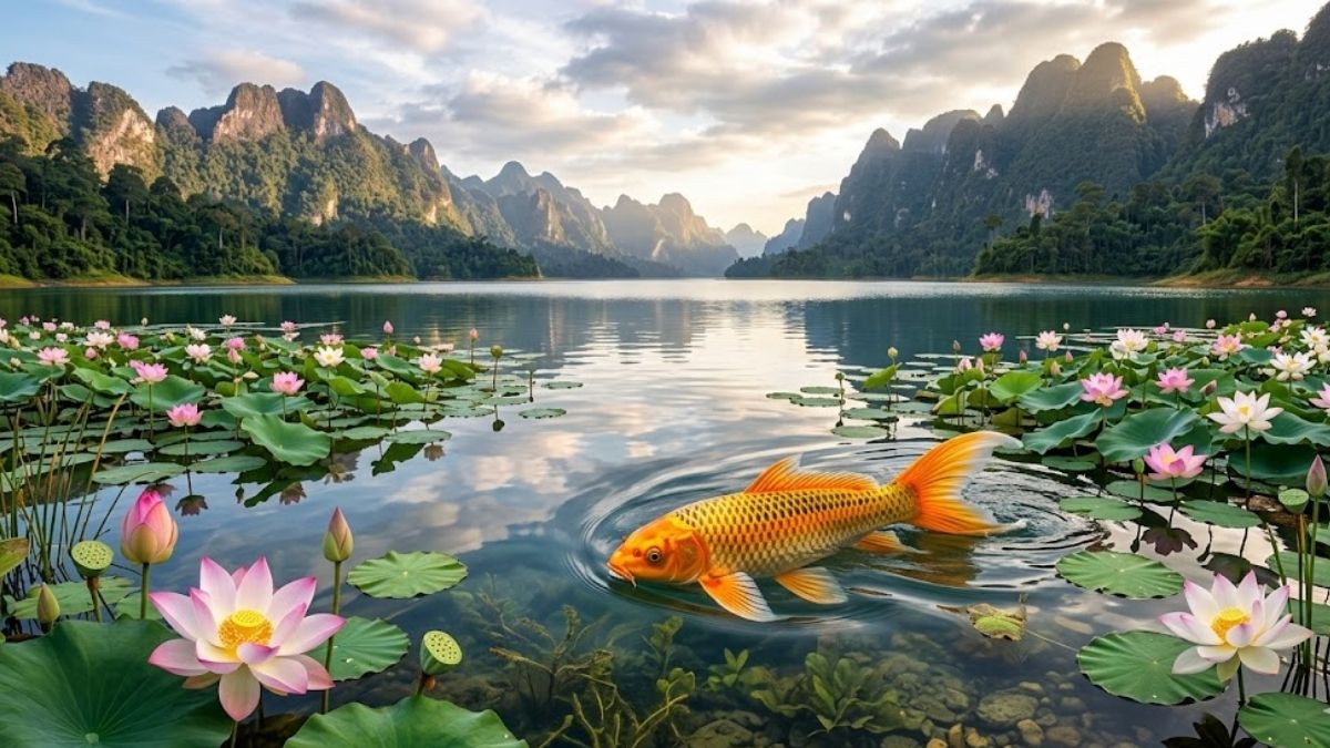 Hình nền cá chép hoa sen non nước hữu tình