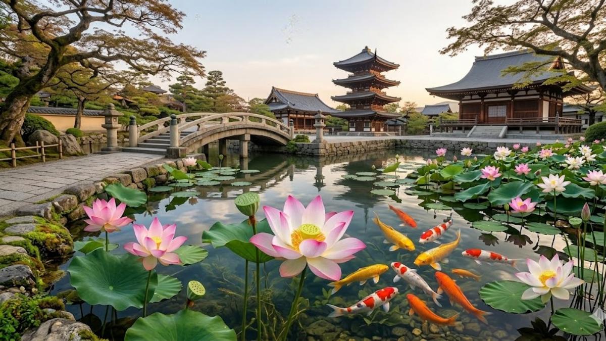 Hình nền cá chép hoa sen tại chùa