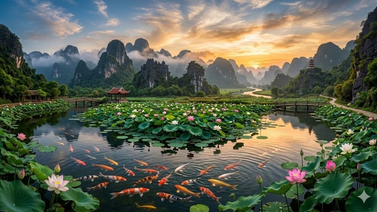 Hình nền cá chép hoa sen phong cảnh hùng vĩ tráng lệ