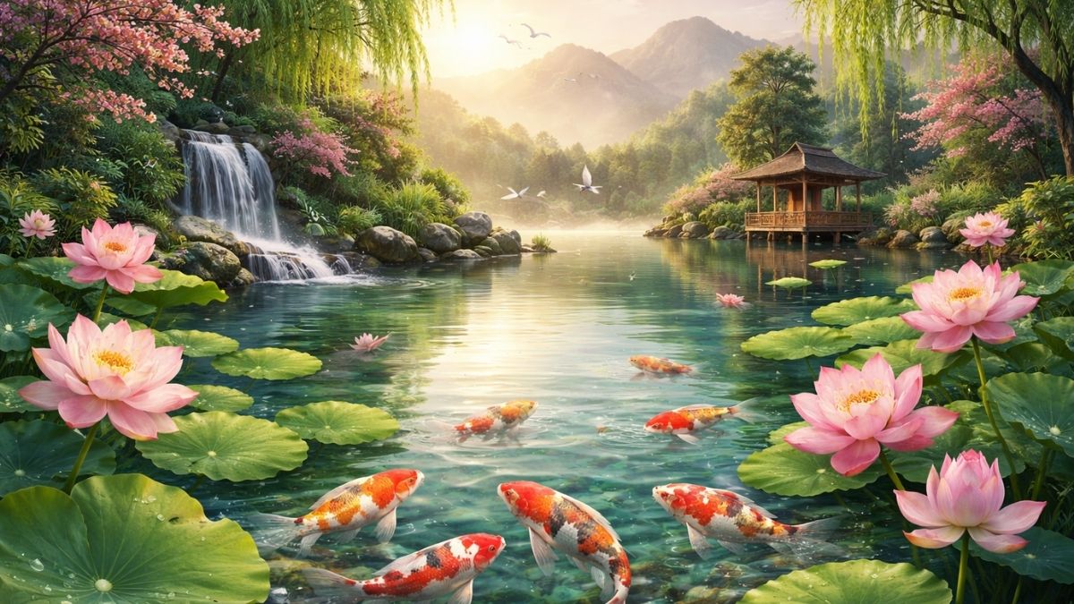 Hình nền cá chép hoa sen đẹp như chốn thần tiên