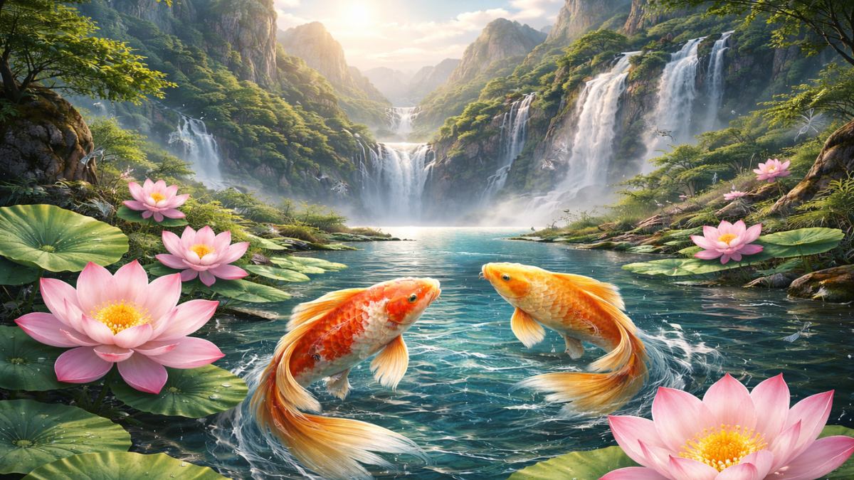 Hình nền cá chép hoa sen phong cảnh hùng vĩ